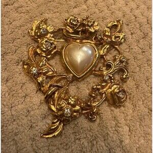 Robert Rose Large Gold Tone Heart Floral Rhinestone Brooch